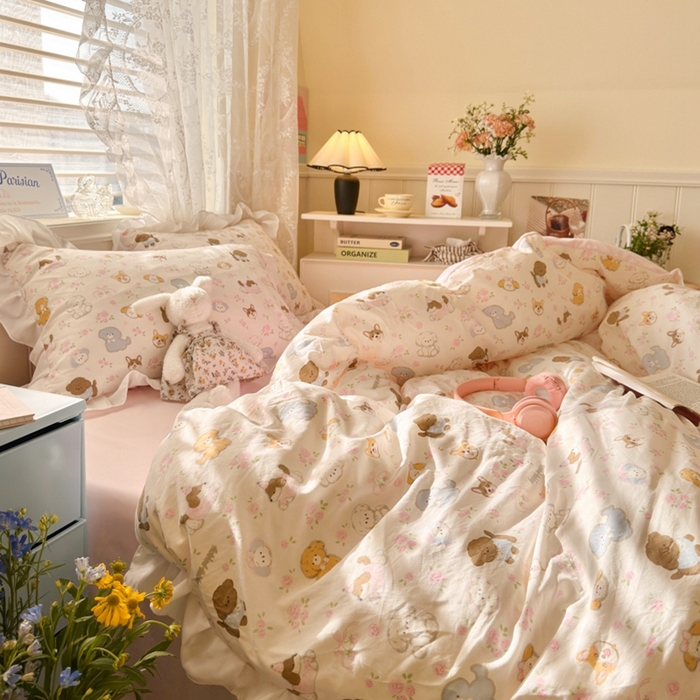 91家纺网 家纺一手货源 找家纺 慕澄家纺 2025新款小清新花边款水洗棉四件套-第二波 花边款-狗狗派对