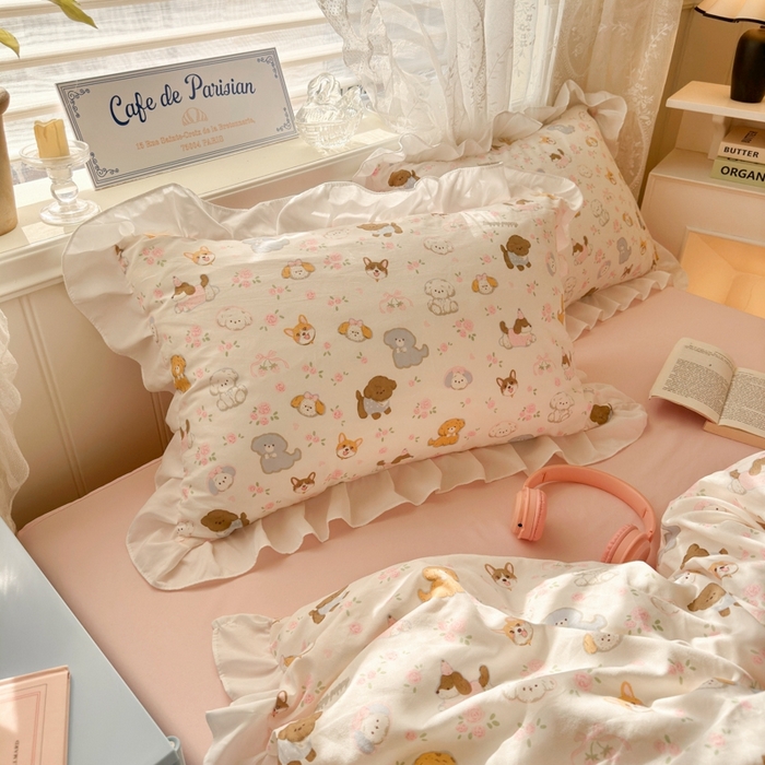 91家纺网 家纺一手货源 找家纺 慕澄家纺 2025新款小清新花边款水洗棉四件套-第二波 花边款-狗狗派对