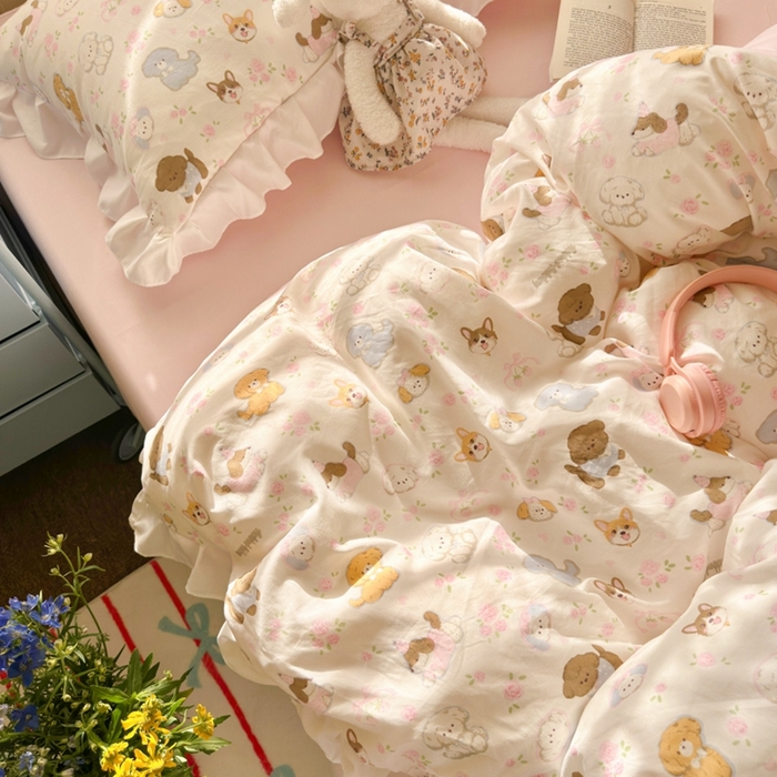 91家纺网 家纺一手货源 找家纺 慕澄家纺 2025新款小清新花边款水洗棉四件套-第二波 花边款-狗狗派对