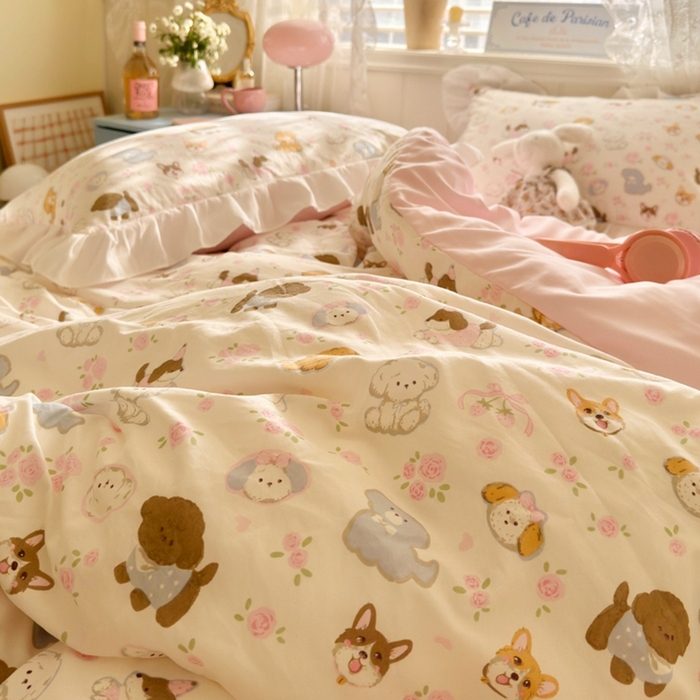 91家纺网 家纺一手货源 找家纺 慕澄家纺 2025新款小清新花边款水洗棉四件套-第二波 花边款-狗狗派对