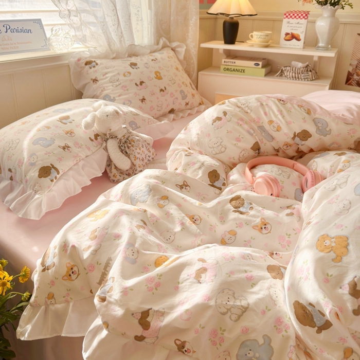 91家纺网 家纺一手货源 找家纺 慕澄家纺 2025新款小清新花边款水洗棉四件套-第二波 花边款-狗狗派对