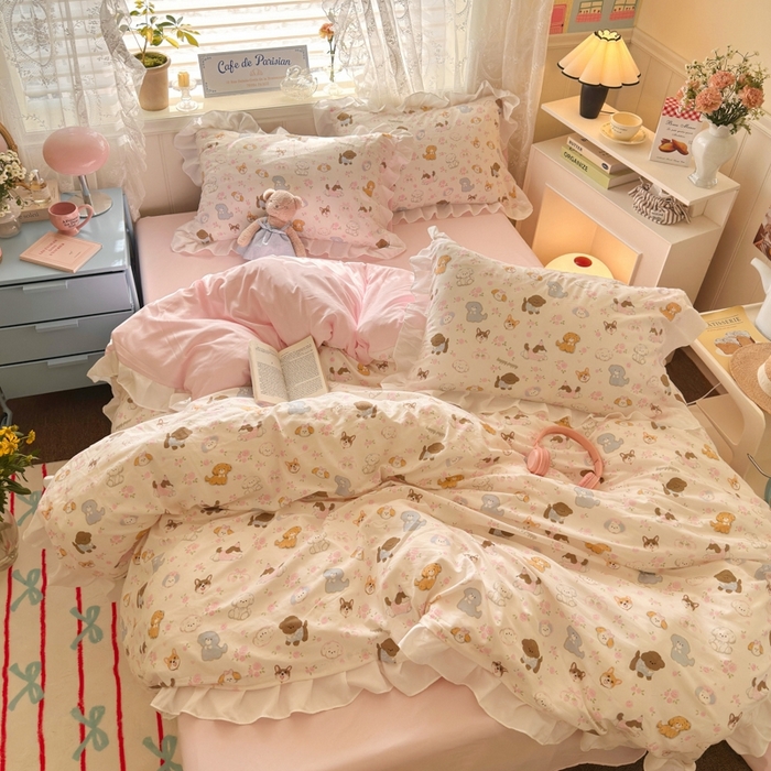 91家纺网 家纺一手货源 找家纺 慕澄家纺 2025新款小清新花边款水洗棉四件套-第二波 花边款-狗狗派对