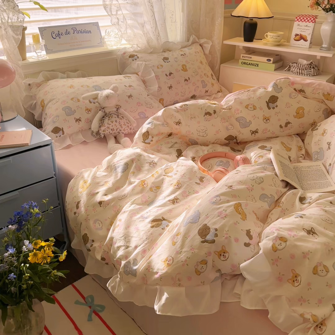 91家纺网 家纺一手货源 找家纺 慕澄家纺 2025新款小清新花边款水洗棉四件套-第二波 花边款-狗狗派对