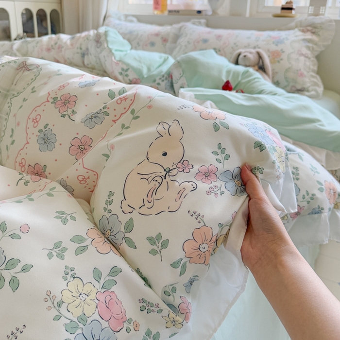 91家纺网 家纺一手货源 找家纺 慕澄家纺 2025新款小清新花边款水洗棉四件套-第二波 花边款-花丛兔