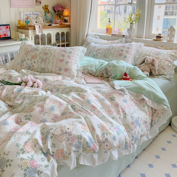 91家纺网 家纺一手货源 找家纺 慕澄家纺 2025新款小清新花边款水洗棉四件套-第二波 花边款-花丛兔