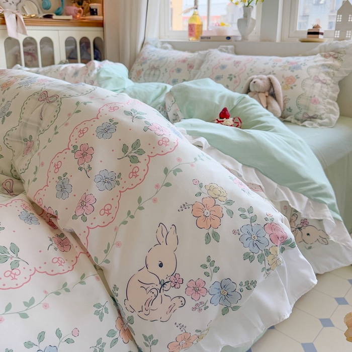 91家纺网 家纺一手货源 找家纺 慕澄家纺 2025新款小清新花边款水洗棉四件套-第二波 花边款-花丛兔