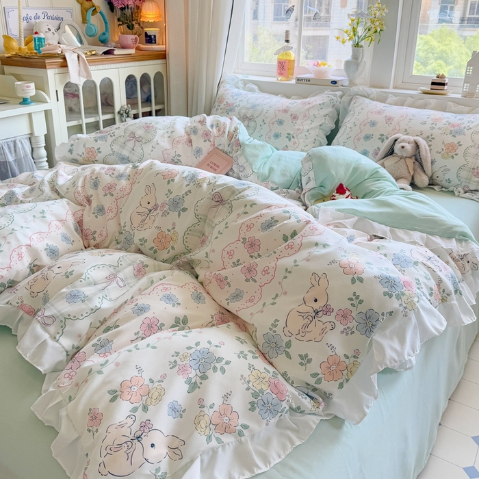 91家纺网 家纺一手货源 找家纺 慕澄家纺 2025新款小清新花边款水洗棉四件套-第二波 花边款-花丛兔