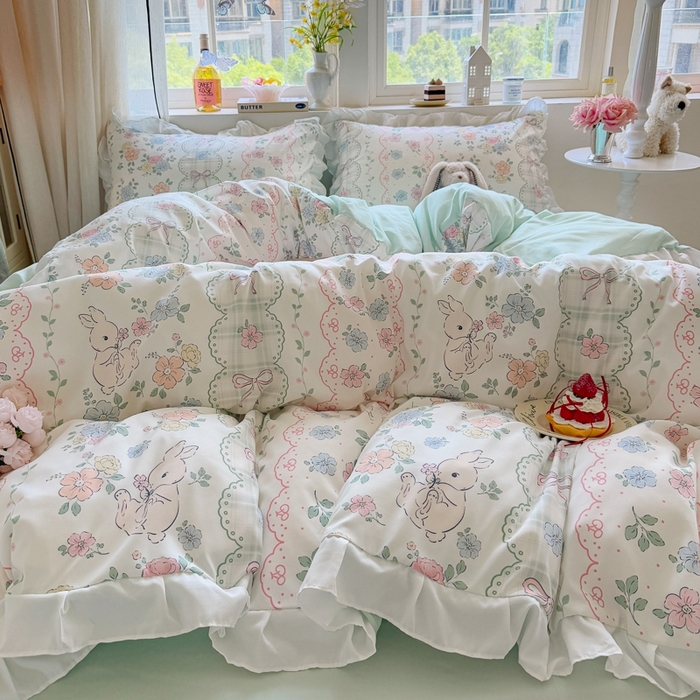 91家纺网 家纺一手货源 找家纺 慕澄家纺 2025新款小清新花边款水洗棉四件套-第二波 花边款-花丛兔