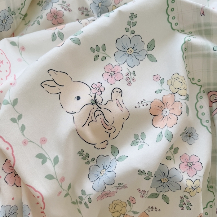 91家纺网 家纺一手货源 找家纺 慕澄家纺 2025新款小清新花边款水洗棉四件套-第二波 花边款-花丛兔