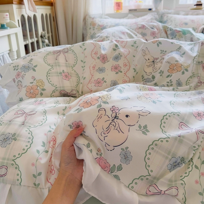 91家纺网 家纺一手货源 找家纺 慕澄家纺 2025新款小清新花边款水洗棉四件套-第二波 花边款-花丛兔