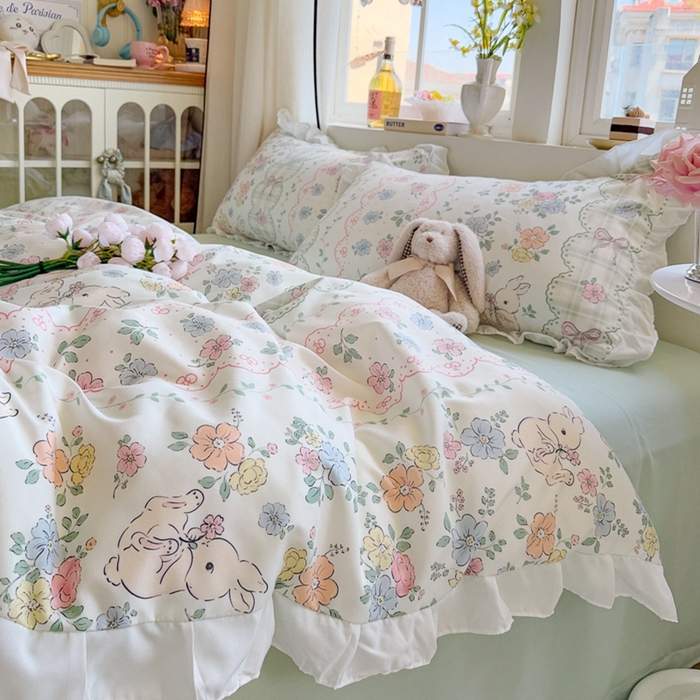 91家纺网 家纺一手货源 找家纺 慕澄家纺 2025新款小清新花边款水洗棉四件套-第二波 花边款-花丛兔