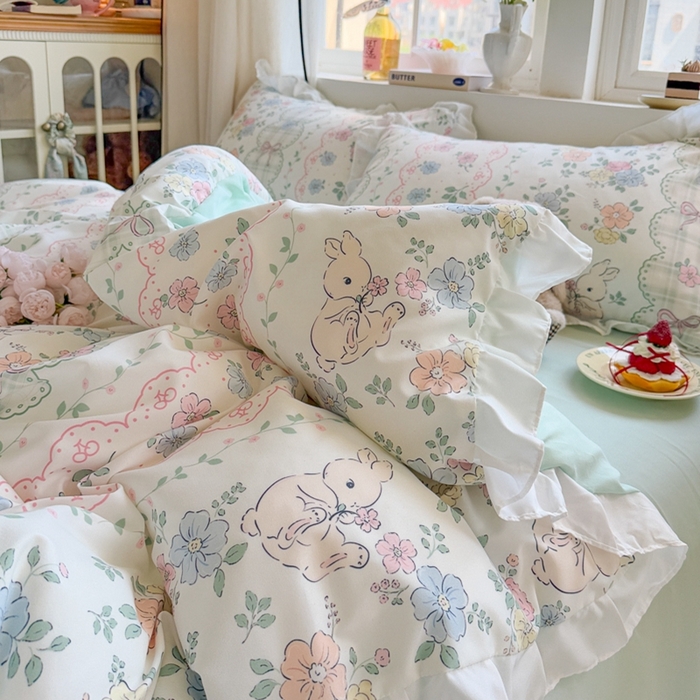 91家纺网 家纺一手货源 找家纺 慕澄家纺 2025新款小清新花边款水洗棉四件套-第二波 花边款-花丛兔