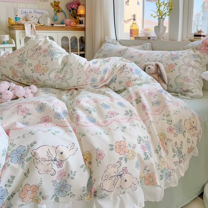 91家纺网 家纺一手货源 找家纺 慕澄家纺 2025新款小清新花边款水洗棉四件套-第二波 花边款-花丛兔