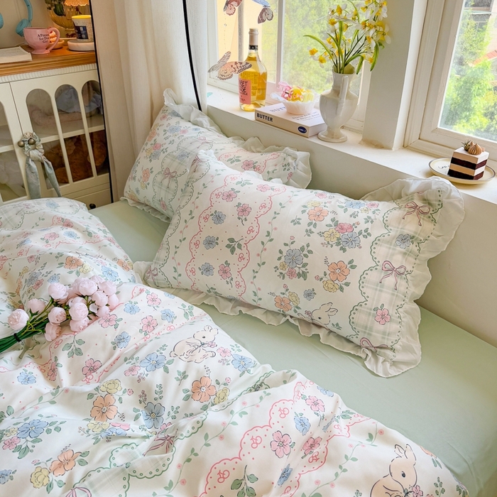 91家纺网 家纺一手货源 找家纺 慕澄家纺 2025新款小清新花边款水洗棉四件套-第二波 花边款-花丛兔