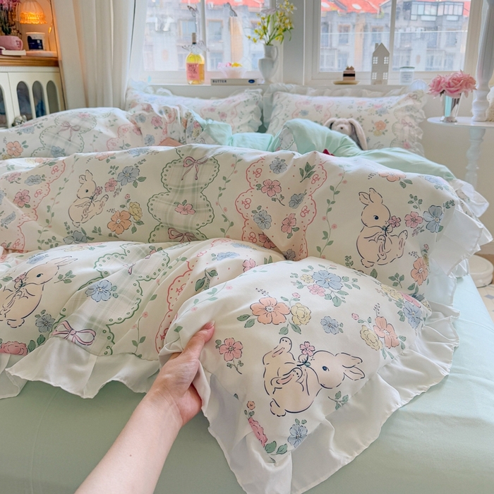 91家纺网 家纺一手货源 找家纺 慕澄家纺 2025新款小清新花边款水洗棉四件套-第二波 花边款-花丛兔