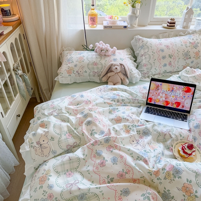 91家纺网 家纺一手货源 找家纺 慕澄家纺 2025新款小清新花边款水洗棉四件套-第二波 花边款-花丛兔