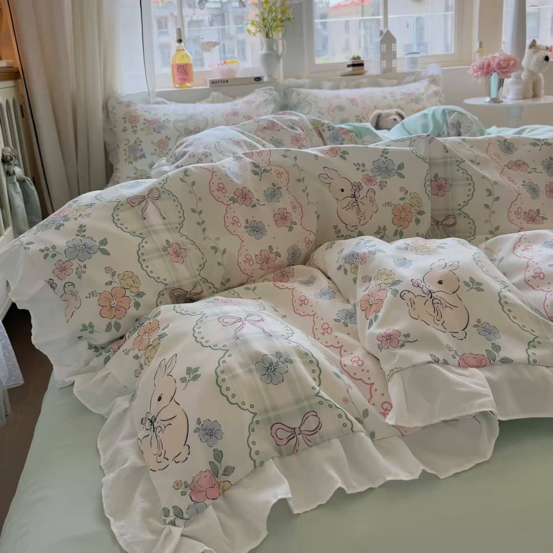 91家纺网 家纺一手货源 找家纺 慕澄家纺 2025新款小清新花边款水洗棉四件套-第二波 花边款-花丛兔