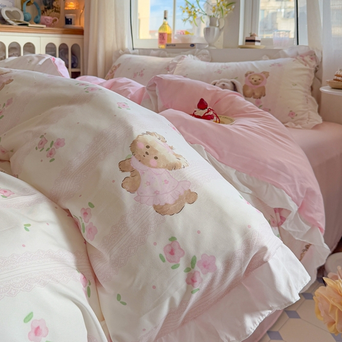 慕澄家纺 2025新款小清新花边款水洗棉四件套-第二波 花边款-花花小奶犬