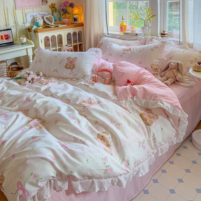 91家纺网 家纺一手货源 找家纺 慕澄家纺 2025新款小清新花边款水洗棉四件套-第二波 花边款-花花小奶犬