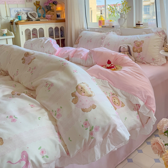 91家纺网 家纺一手货源 找家纺 慕澄家纺 2025新款小清新花边款水洗棉四件套-第二波 花边款-花花小奶犬