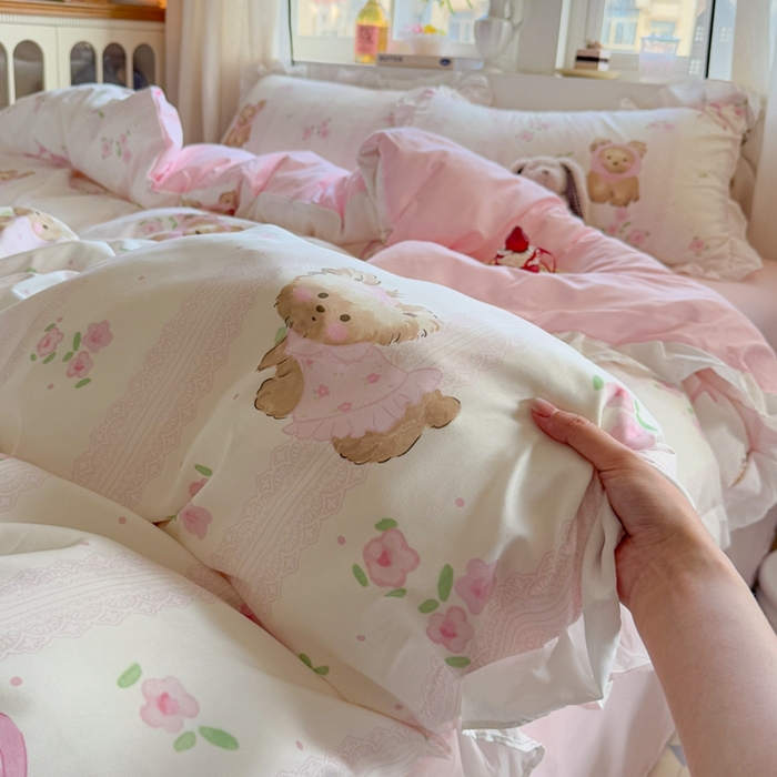 91家纺网 家纺一手货源 找家纺 慕澄家纺 2025新款小清新花边款水洗棉四件套-第二波 花边款-花花小奶犬