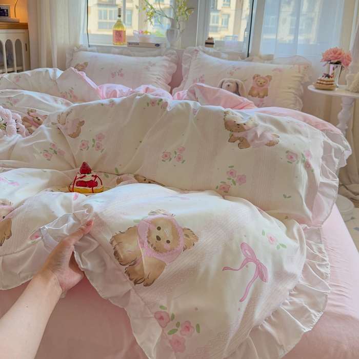 91家纺网 家纺一手货源 找家纺 慕澄家纺 2025新款小清新花边款水洗棉四件套-第二波 花边款-花花小奶犬