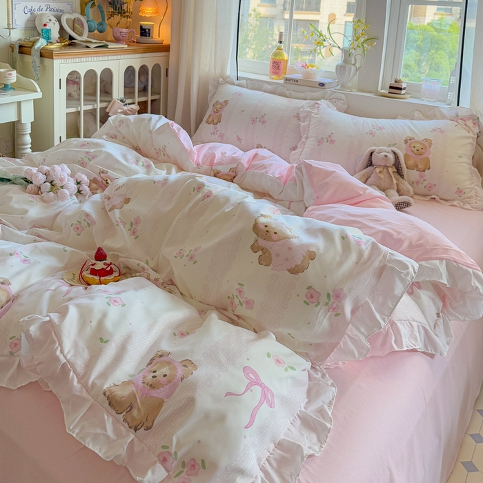 91家纺网 家纺一手货源 找家纺 慕澄家纺 2025新款小清新花边款水洗棉四件套-第二波 花边款-花花小奶犬