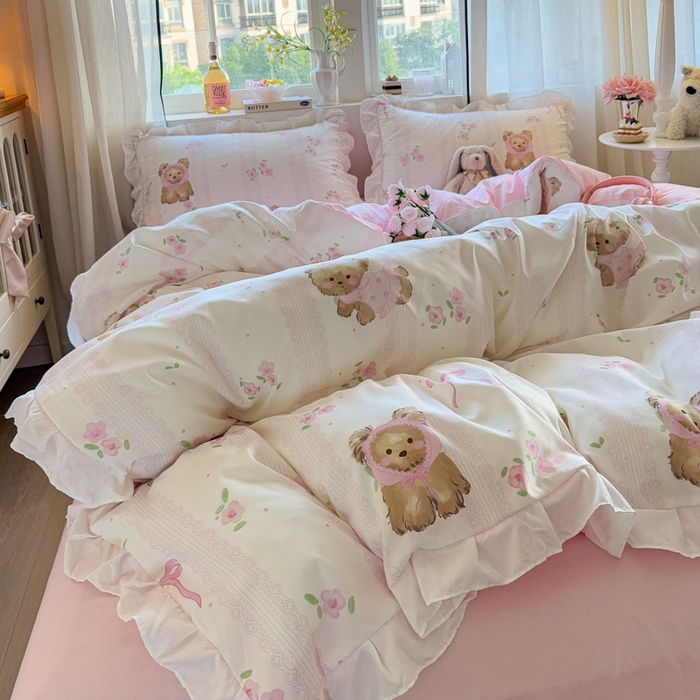 91家纺网 家纺一手货源 找家纺 慕澄家纺 2025新款小清新花边款水洗棉四件套-第二波 花边款-花花小奶犬