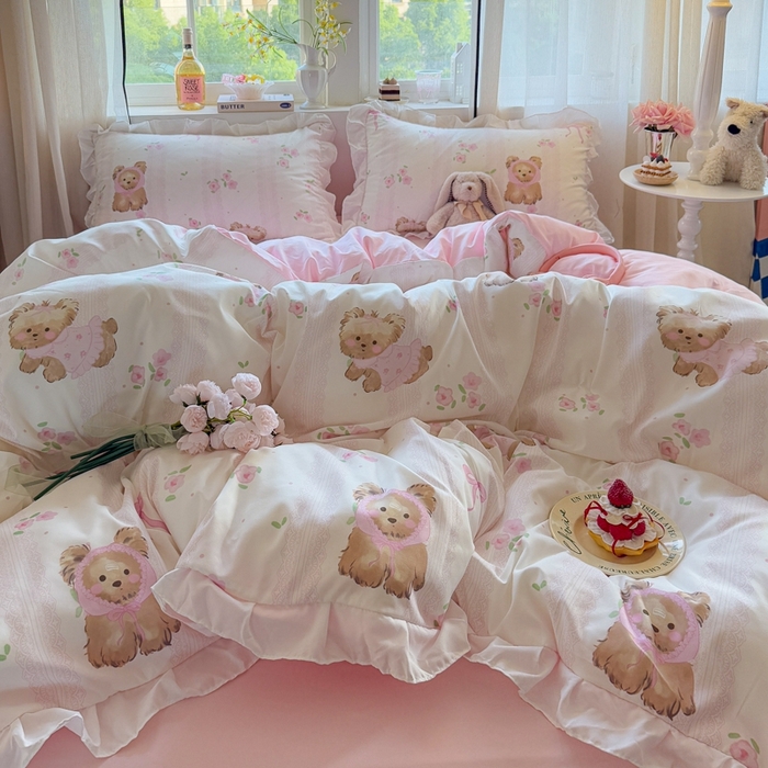 91家纺网 家纺一手货源 找家纺 慕澄家纺 2025新款小清新花边款水洗棉四件套-第二波 花边款-花花小奶犬