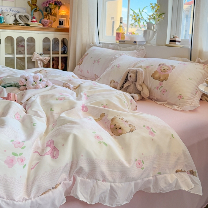 91家纺网 家纺一手货源 找家纺 慕澄家纺 2025新款小清新花边款水洗棉四件套-第二波 花边款-花花小奶犬