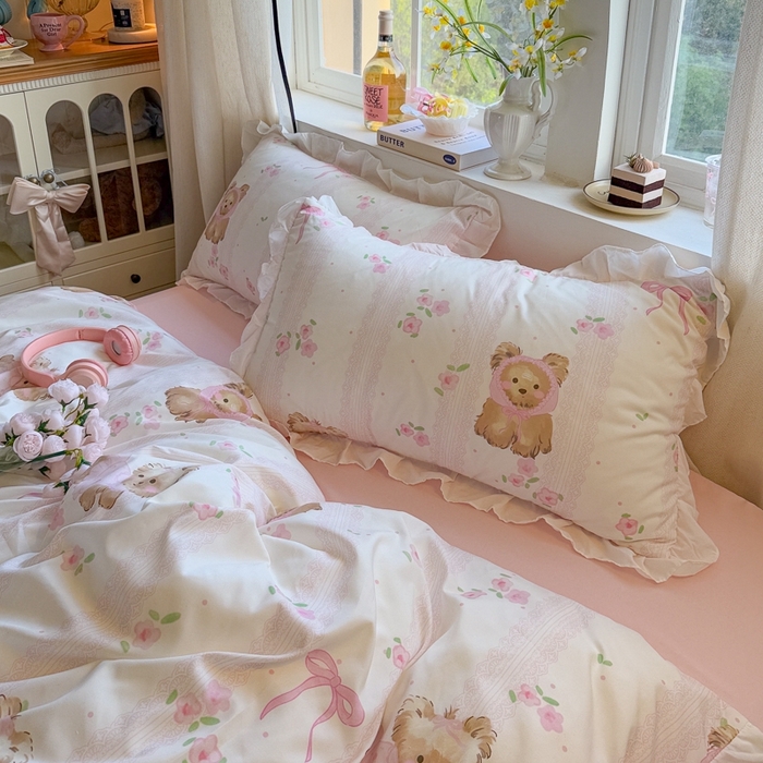 91家纺网 家纺一手货源 找家纺 慕澄家纺 2025新款小清新花边款水洗棉四件套-第二波 花边款-花花小奶犬