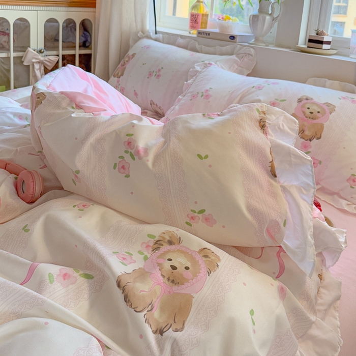 91家纺网 家纺一手货源 找家纺 慕澄家纺 2025新款小清新花边款水洗棉四件套-第二波 花边款-花花小奶犬