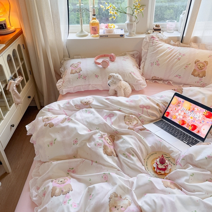 91家纺网 家纺一手货源 找家纺 慕澄家纺 2025新款小清新花边款水洗棉四件套-第二波 花边款-花花小奶犬