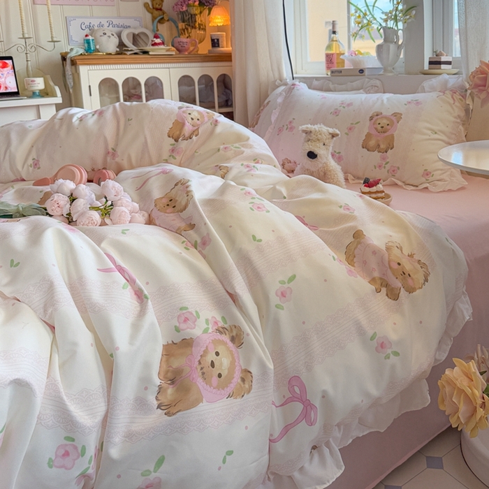 91家纺网 家纺一手货源 找家纺 慕澄家纺 2025新款小清新花边款水洗棉四件套-第二波 花边款-花花小奶犬