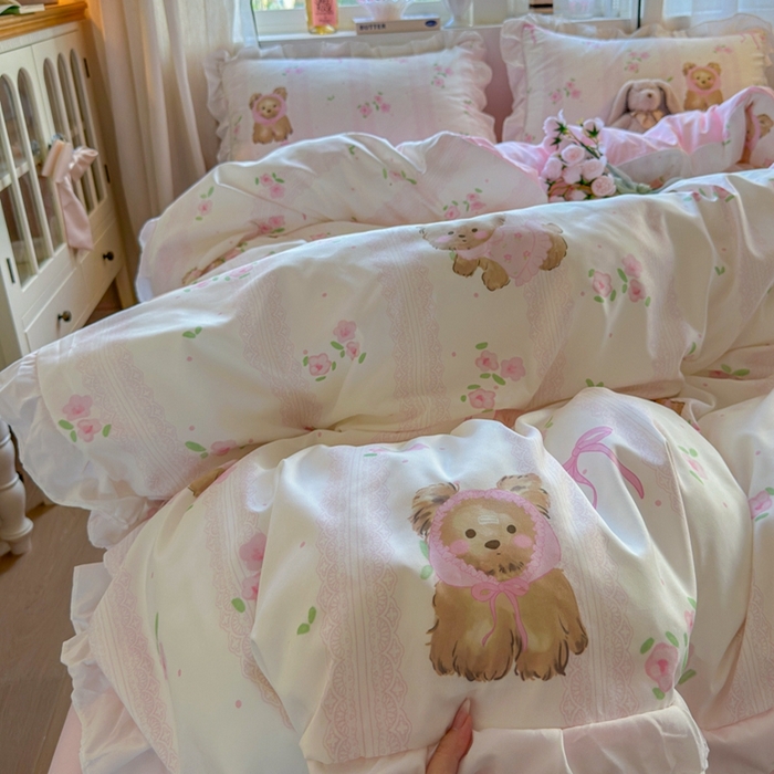 91家纺网 家纺一手货源 找家纺 慕澄家纺 2025新款小清新花边款水洗棉四件套-第二波 花边款-花花小奶犬