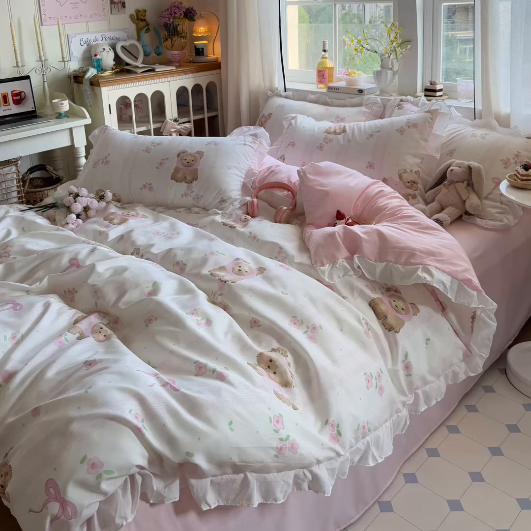 91家纺网 家纺一手货源 找家纺 慕澄家纺 2025新款小清新花边款水洗棉四件套-第二波 花边款-花花小奶犬