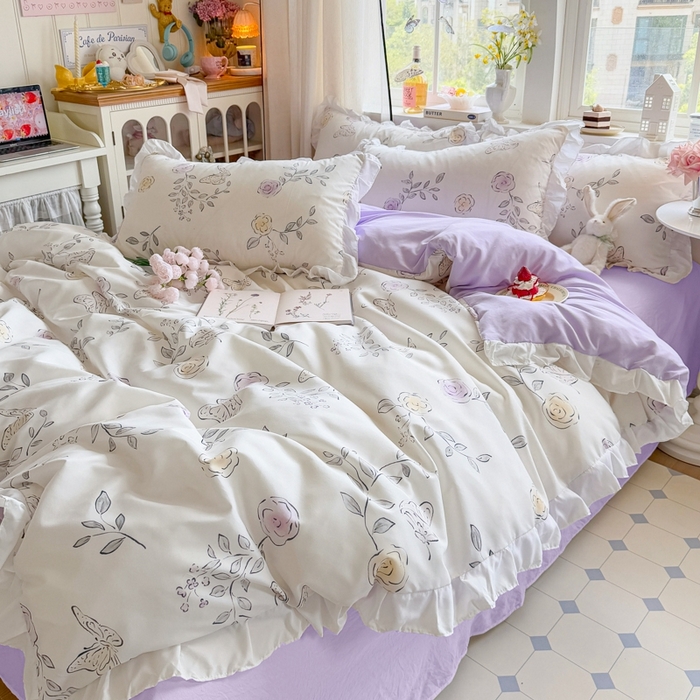 91家纺网 家纺一手货源 找家纺 慕澄家纺 2025新款小清新花边款水洗棉四件套-第二波 花边款-花间