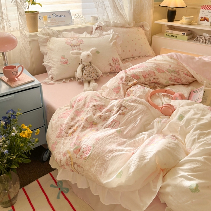 91家纺网 家纺一手货源 找家纺 慕澄家纺 2025新款小清新花边款水洗棉四件套-第二波 花边款-洛丽塔