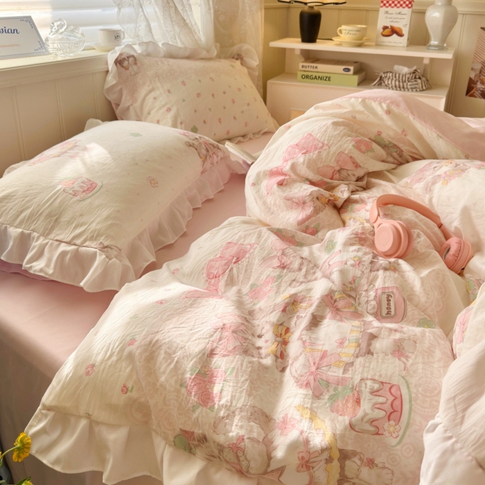 91家纺网 家纺一手货源 找家纺 慕澄家纺 2025新款小清新花边款水洗棉四件套-第二波 花边款-洛丽塔