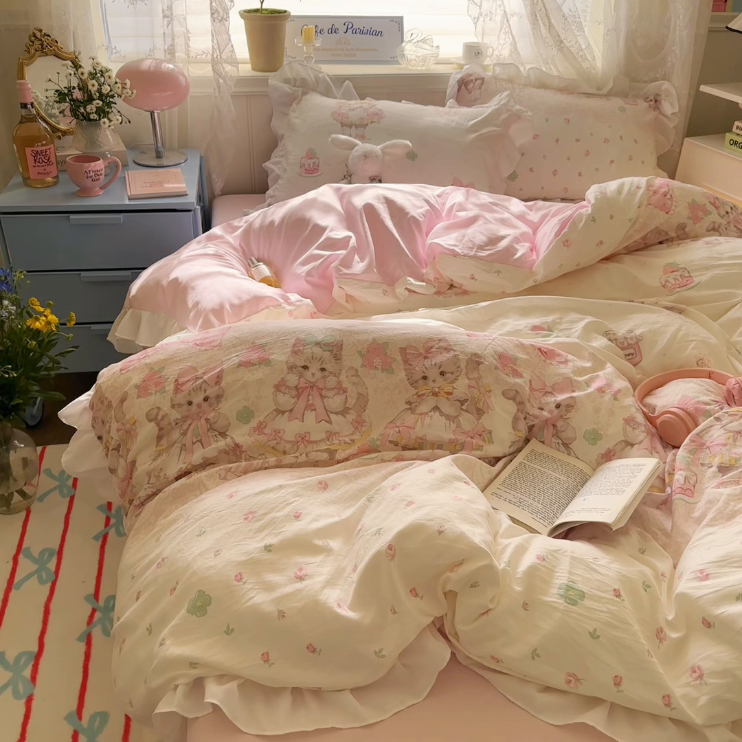 91家纺网 家纺一手货源 找家纺 慕澄家纺 2025新款小清新花边款水洗棉四件套-第二波 花边款-洛丽塔