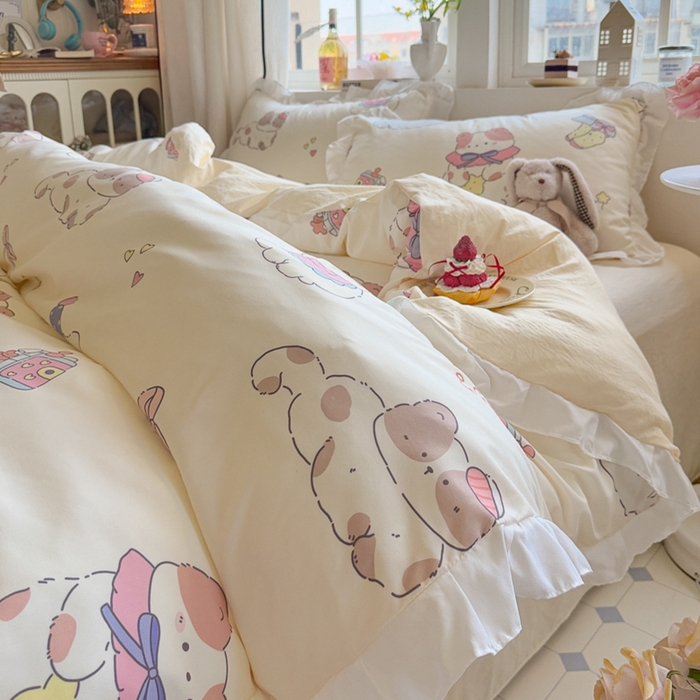 慕澄家纺 2025新款小清新花边款水洗棉四件套-第二波 花边款-猫猫礼物