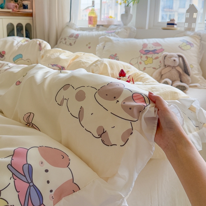 91家纺网 家纺一手货源 找家纺 慕澄家纺 2025新款小清新花边款水洗棉四件套-第二波 花边款-猫猫礼物