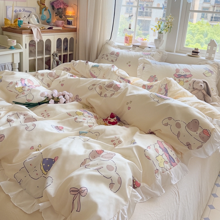 91家纺网 家纺一手货源 找家纺 慕澄家纺 2025新款小清新花边款水洗棉四件套-第二波 花边款-猫猫礼物