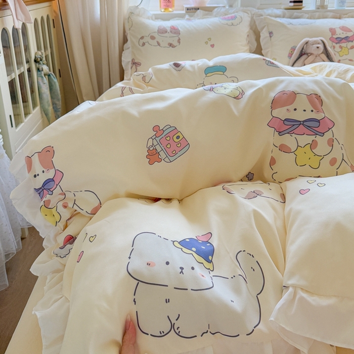 91家纺网 家纺一手货源 找家纺 慕澄家纺 2025新款小清新花边款水洗棉四件套-第二波 花边款-猫猫礼物