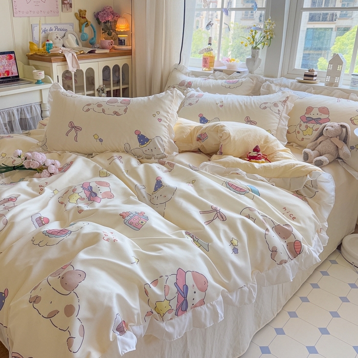 91家纺网 家纺一手货源 找家纺 慕澄家纺 2025新款小清新花边款水洗棉四件套-第二波 花边款-猫猫礼物