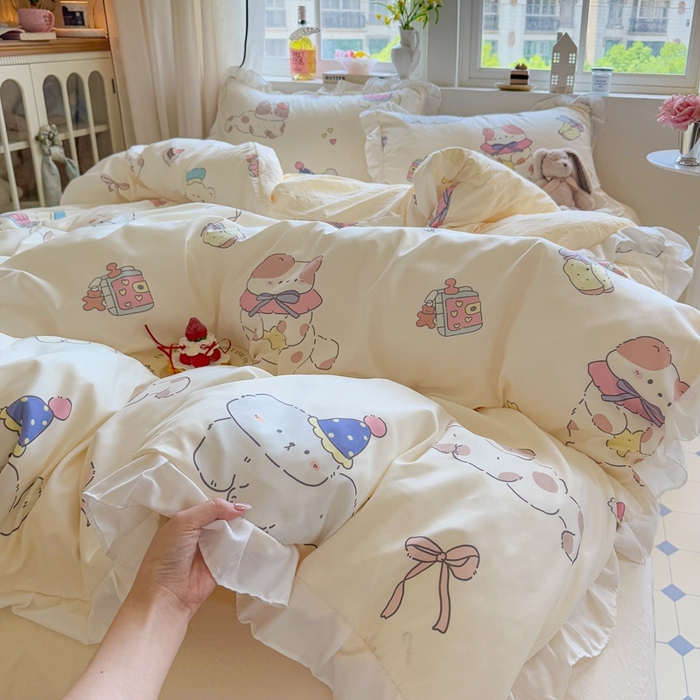 91家纺网 家纺一手货源 找家纺 慕澄家纺 2025新款小清新花边款水洗棉四件套-第二波 花边款-猫猫礼物