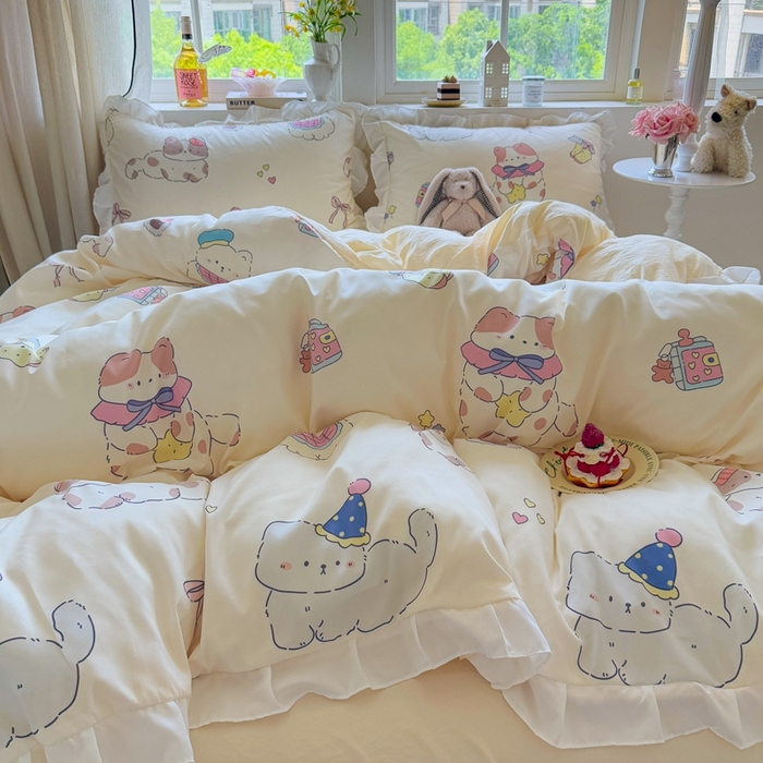 91家纺网 家纺一手货源 找家纺 慕澄家纺 2025新款小清新花边款水洗棉四件套-第二波 花边款-猫猫礼物