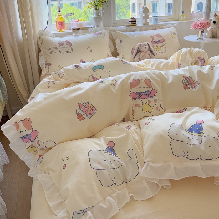 91家纺网 家纺一手货源 找家纺 慕澄家纺 2025新款小清新花边款水洗棉四件套-第二波 花边款-猫猫礼物