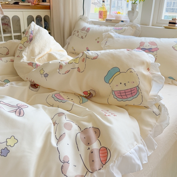 91家纺网 家纺一手货源 找家纺 慕澄家纺 2025新款小清新花边款水洗棉四件套-第二波 花边款-猫猫礼物