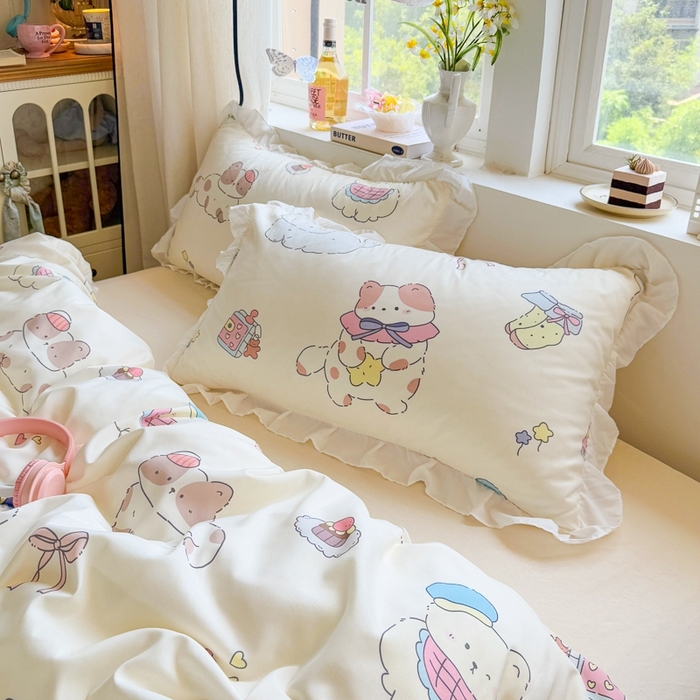 91家纺网 家纺一手货源 找家纺 慕澄家纺 2025新款小清新花边款水洗棉四件套-第二波 花边款-猫猫礼物